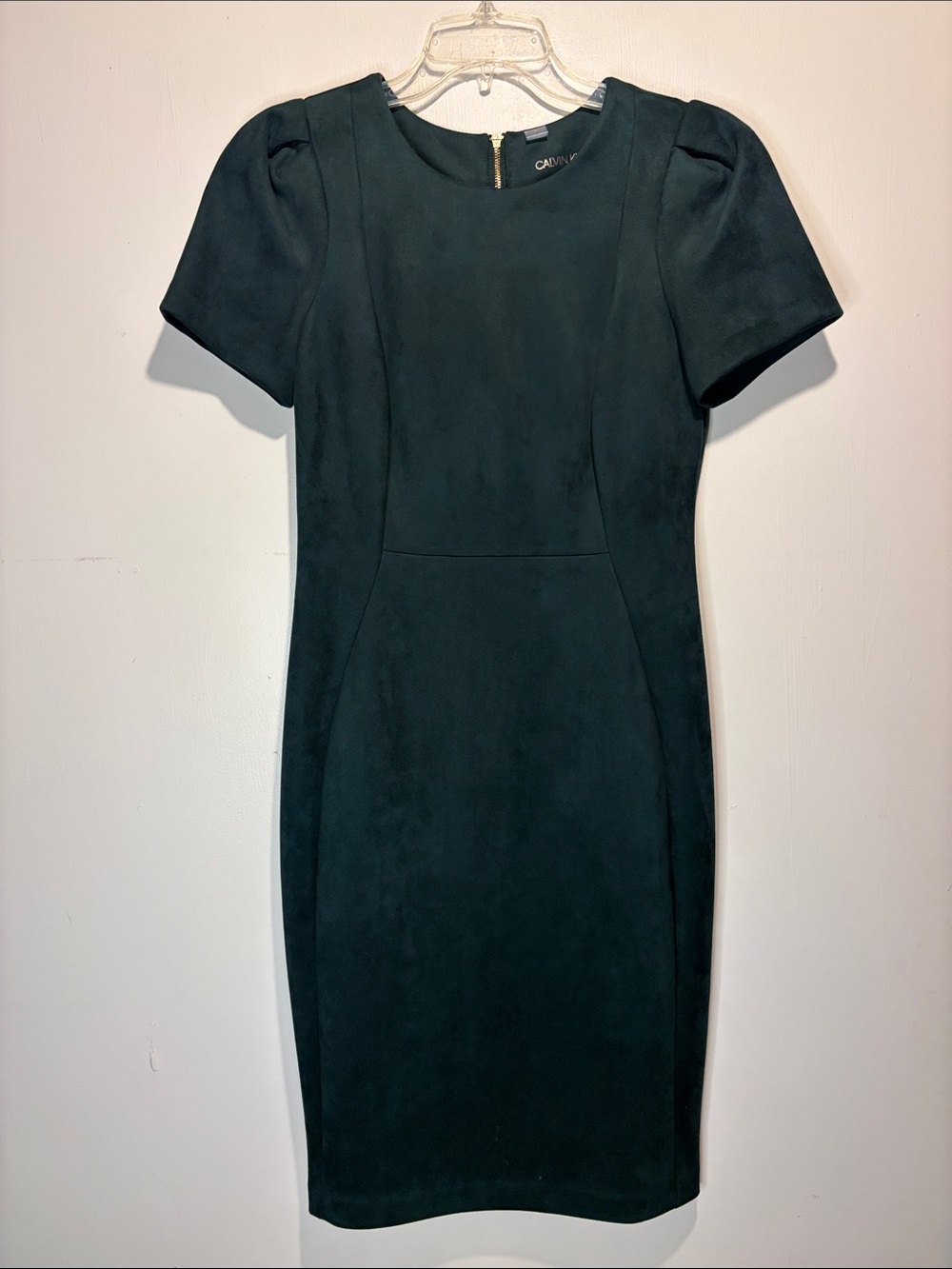 Calvin Klein Velvet Velour Forest Green Midi Dress Exposed Gold Zipper SZ 6